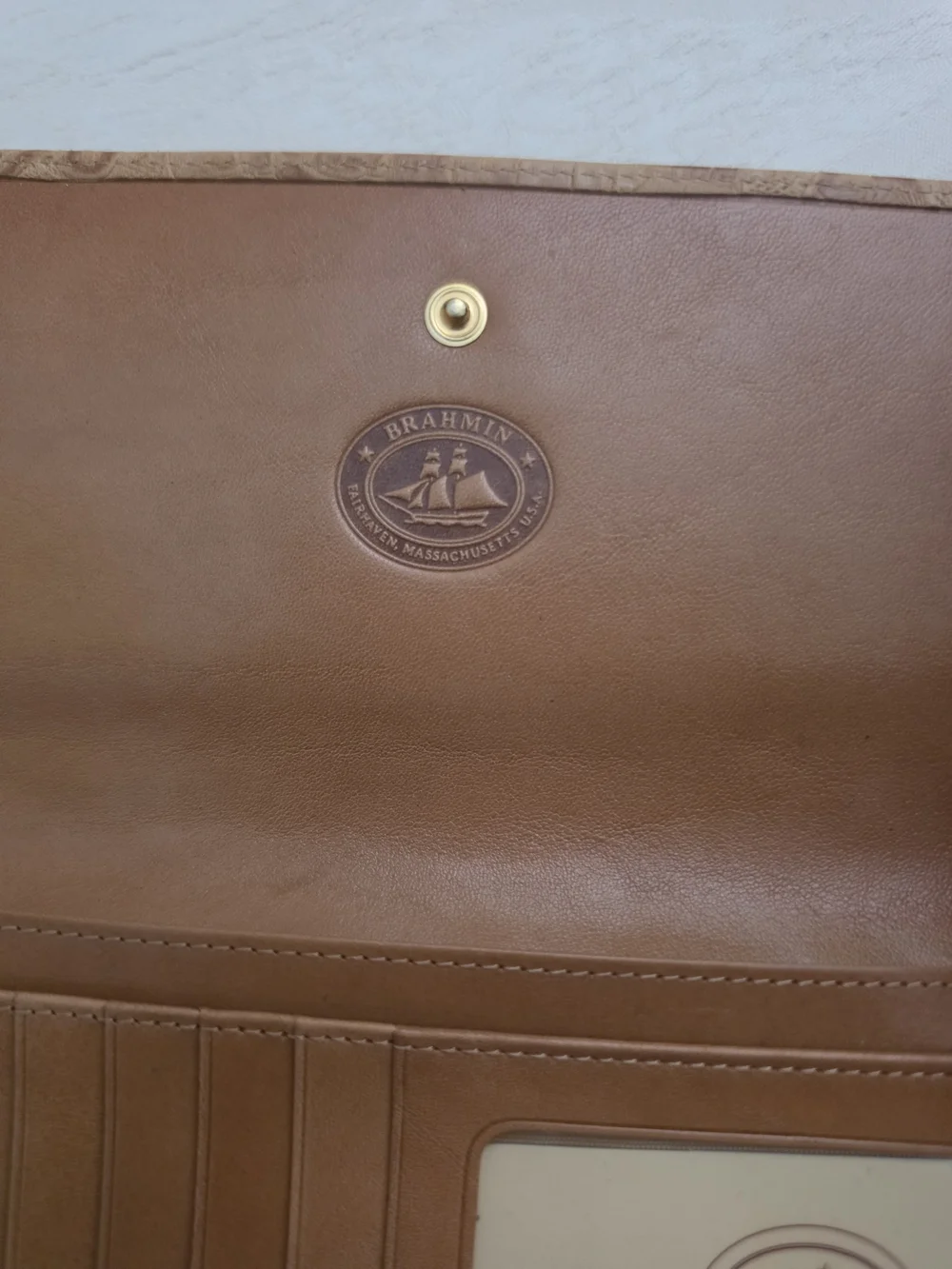 Brahmin Vintage Soft Checkbook Wallet in Raffia Copacata Tooled Leather Tan